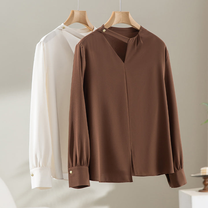 Damen elegante oversized Bluse mit asymmetrischem V-Ausschnitt und Manschetten Echoarchiv