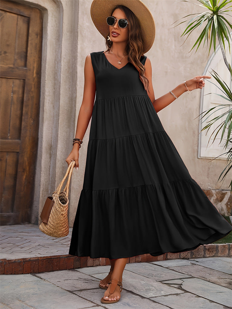 Damen Elegantes Sommer-Maxi-Kleid mit voluminösem Rock und V-Ausschnitt Echo Archiv