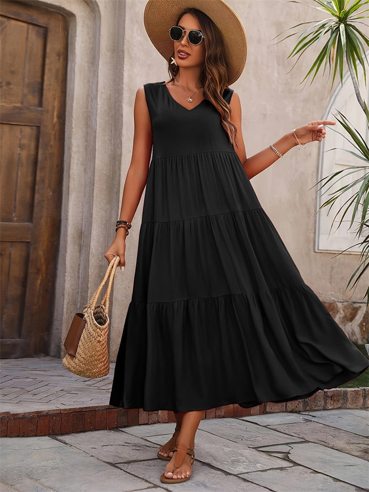 Damen Elegantes Sommer-Maxi-Kleid mit voluminösem Rock und V-Ausschnitt Echo Archiv