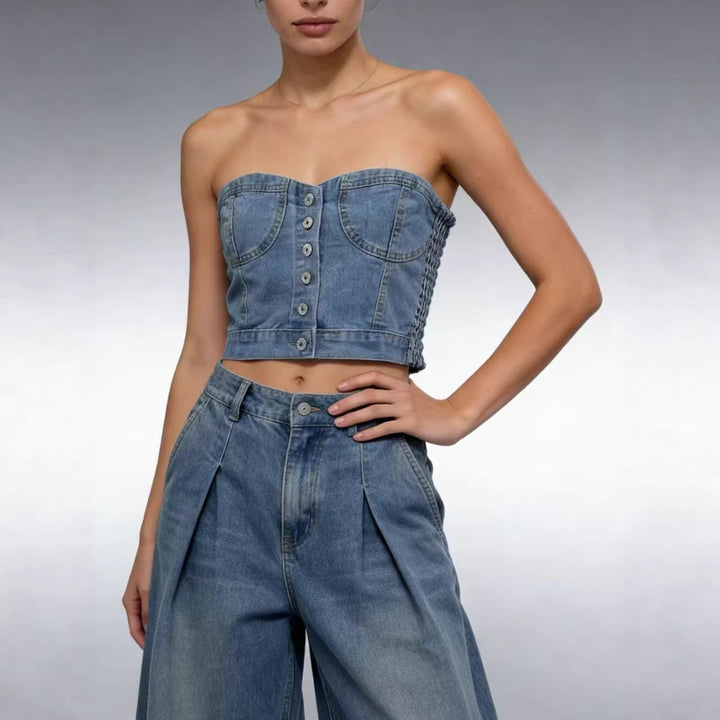 Damen Denim Bustier-Oberteil mit Knopfdetails und tailliertem Schnitt Echo Archiv
