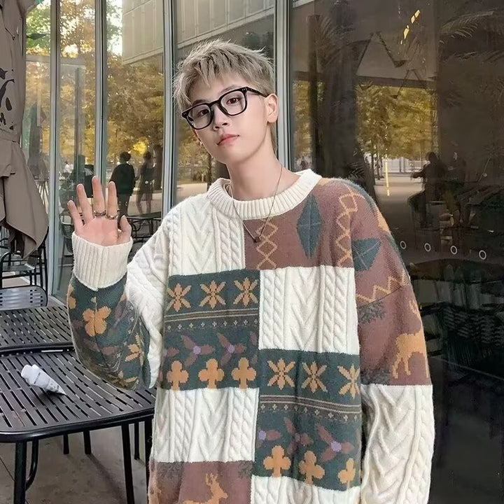 Damen Gemusterter Oversized Pullover mit Stehkragen Echoarchiv