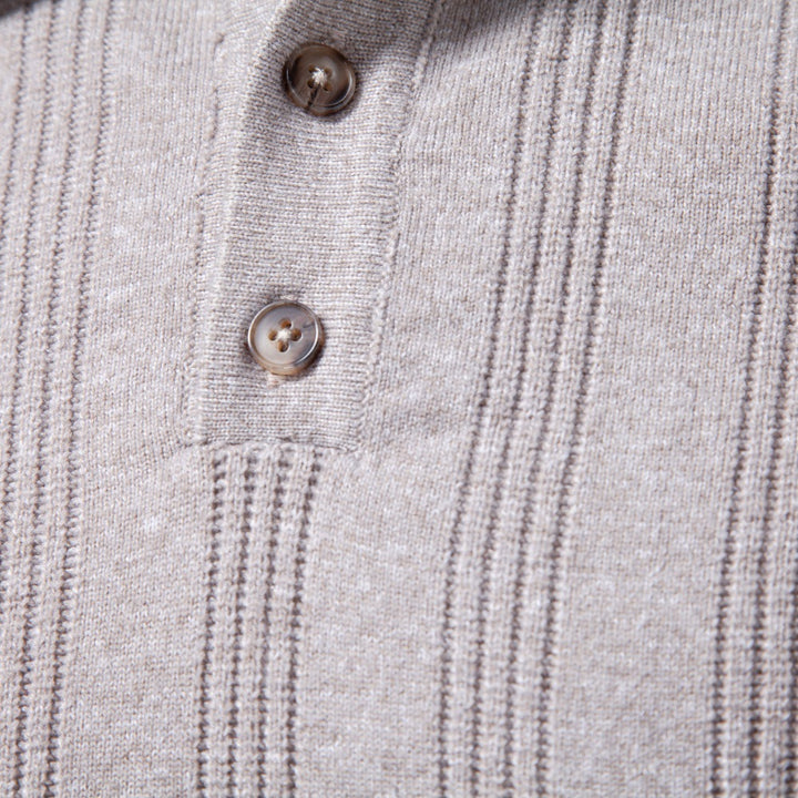 Herren Langarm-Feinstrick-Poloshirt mit Strukturstreifen und geripptem Saum Echoarchiv