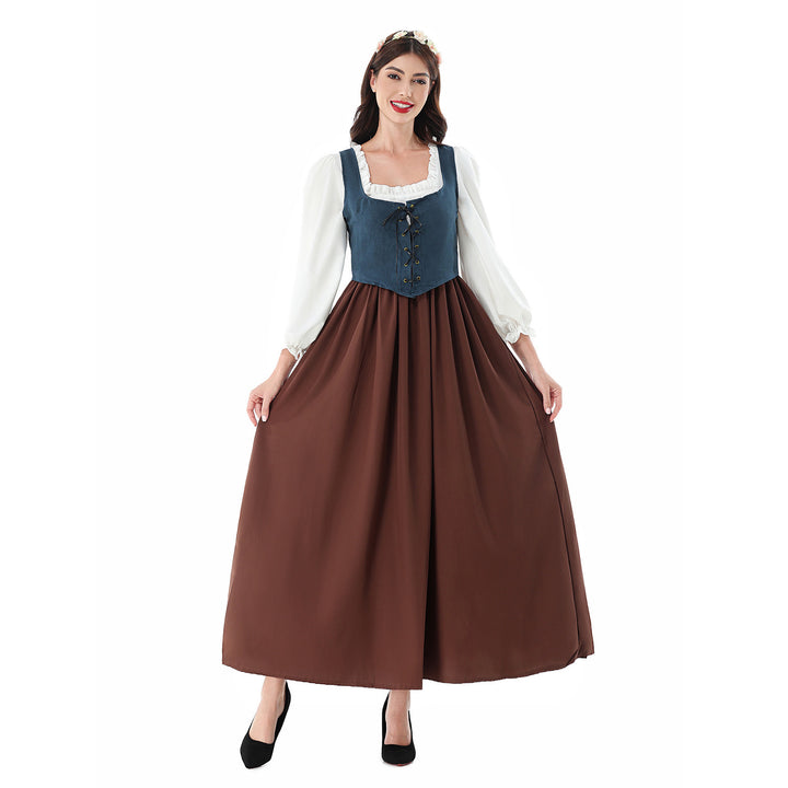 Damen nan historisches Mittelalterkleid mit geschnürter Miederweste, rüschiger Bluse und weitem Maxirock Echo Archiv