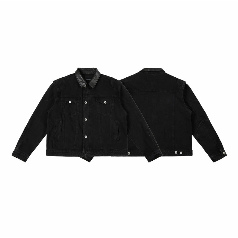 Herren Boxy-Jeansjacke mit Lederimitatkragen und sichtbaren Metallknöpfen Echoarchiv