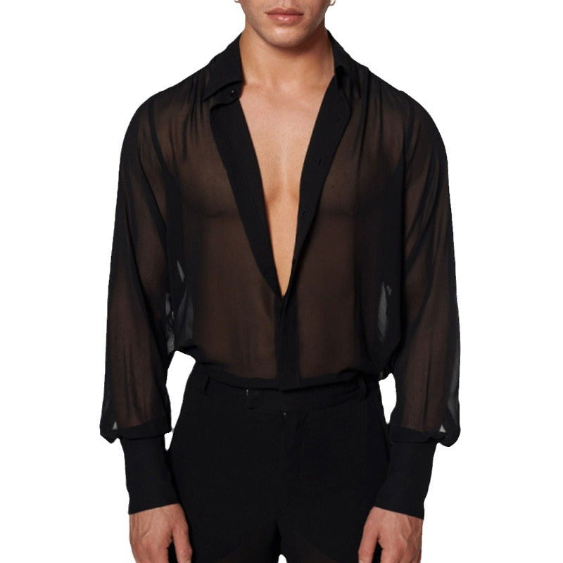 Damen nan semi-transparente Langarm-Chiffonbluse mit Hemdkragen und breiten Manschetten Echo Archiv