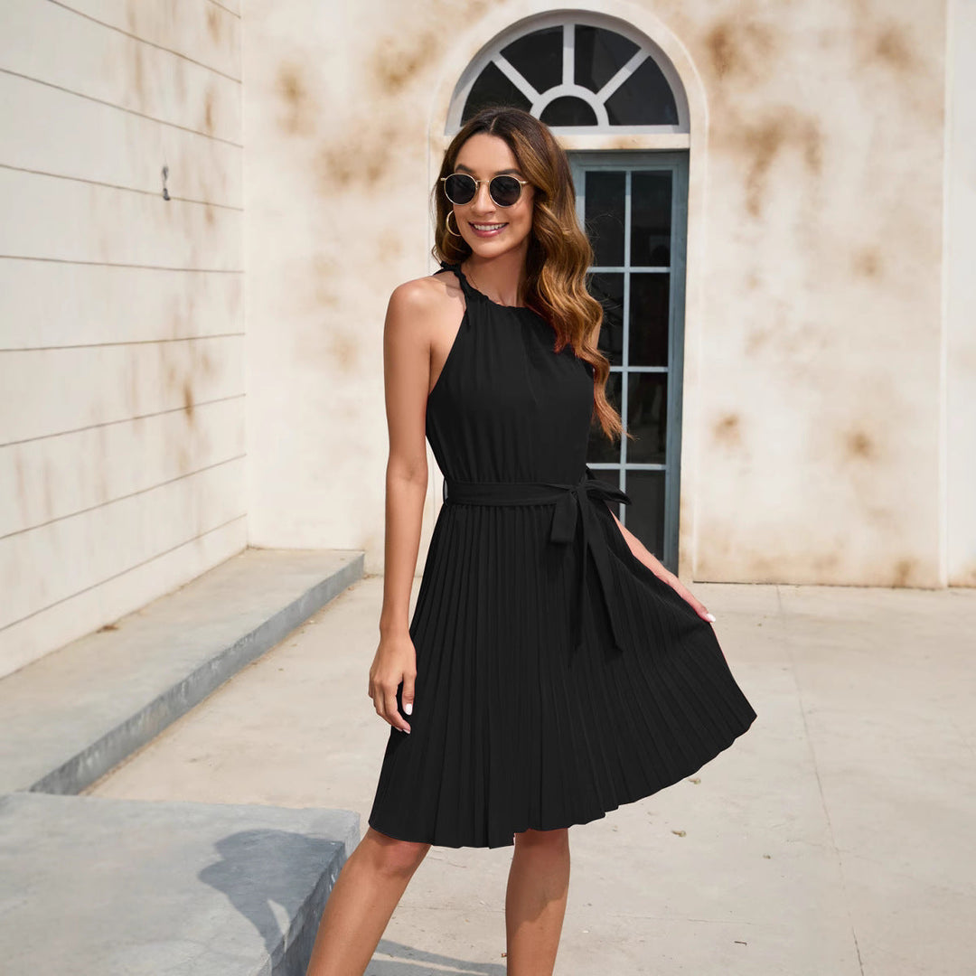 Damen Plissiertes Sommerkleid mit tailliertem Gürtel und Halterneck Echoarchiv