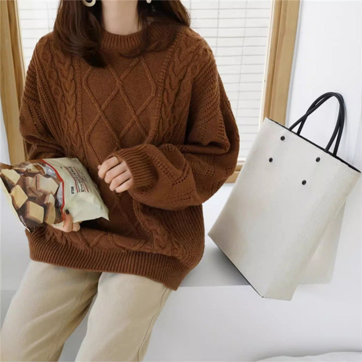 Damen Oversize Zopfmuster-Strickpullover mit Ajour‑Details und geripptem Saum Echoarchiv