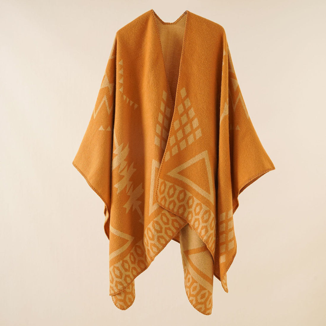 Damen Ruana‑Poncho im Oversize mit Kaschmir‑Touch, geometrischem Jacquard und offener Kimono‑Silhouette – Célinea