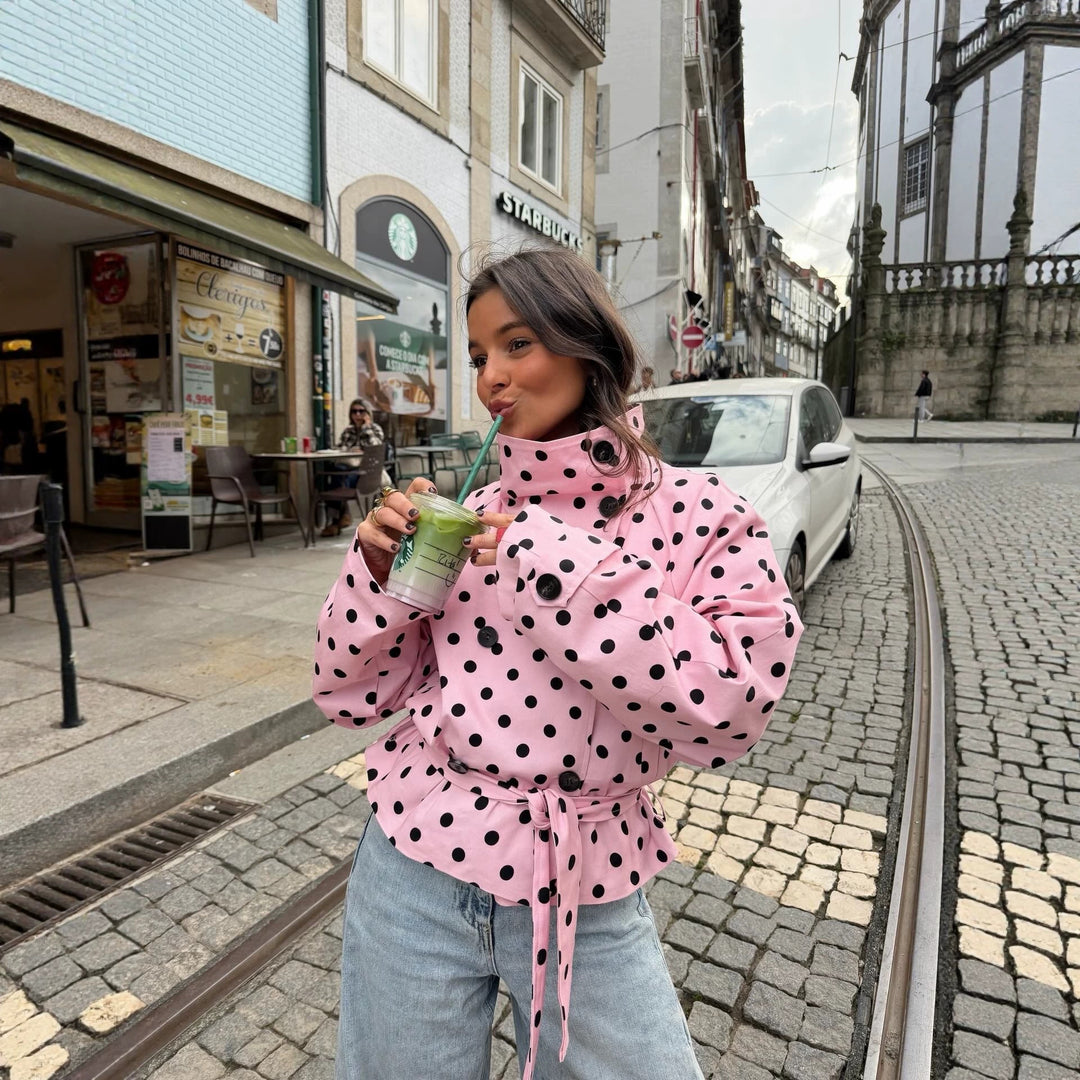 Damen Gepunkteter Trenchcoat-Style mit Bindegürtel und Ballonärmeln Echo Archiv