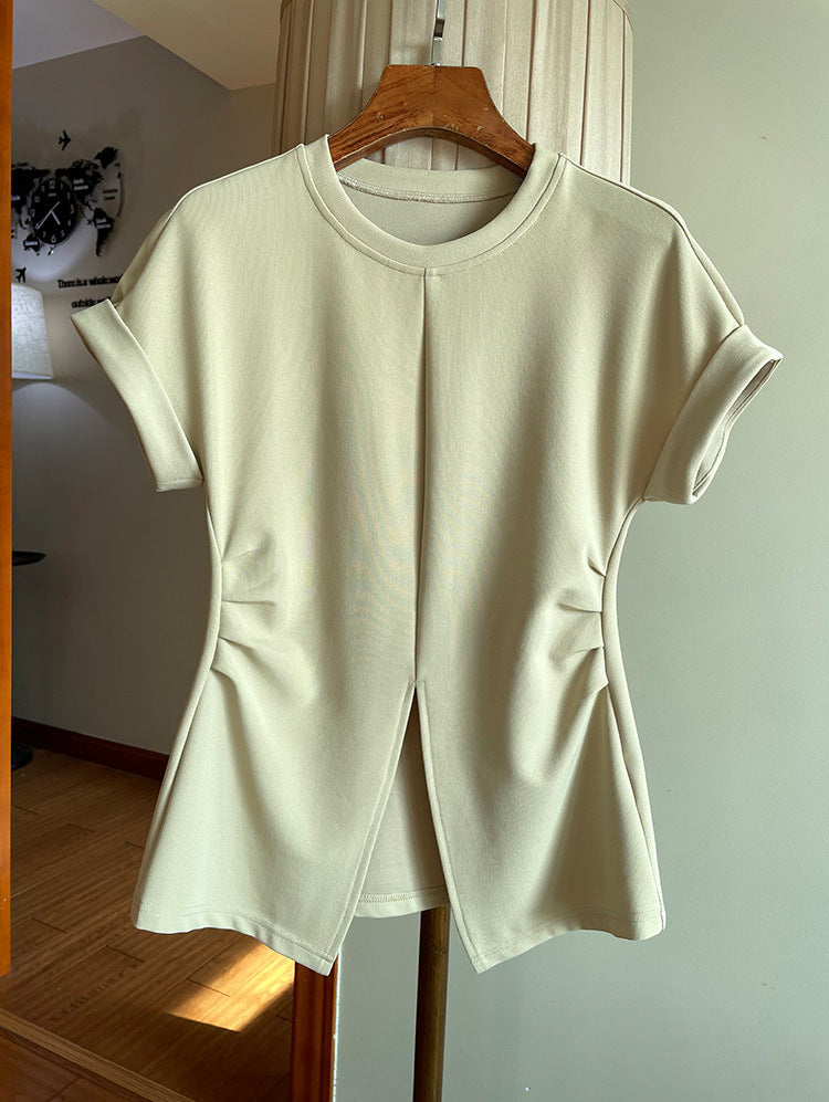 Damen Kurzärmeliges Strukturjersey-Shirt mit Taillenraffungen und Frontschlitz Echo Archiv