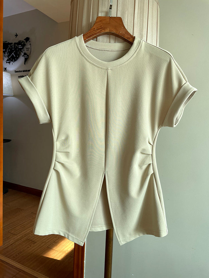 Damen Kurzärmeliges Strukturjersey-Shirt mit Taillenraffungen und Frontschlitz Echo Archiv