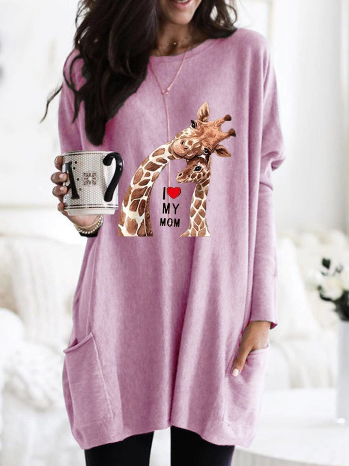 Frauen Übergroße Sweatkleid mit Giraffenmuster, Rundhalsausschnitt und Seitentaschen Echoarchiv