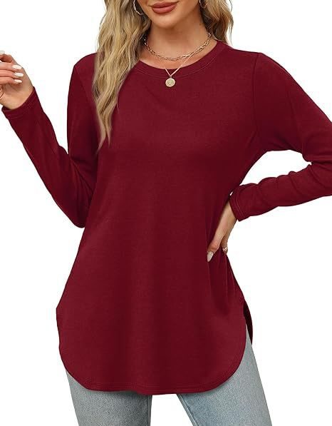 Damen Lässiges Longsleeve-Tunikaoberteil mit Rundhalsausschnitt, Seitenschlitzen und Aquarell-Blattprint Echo Archiv