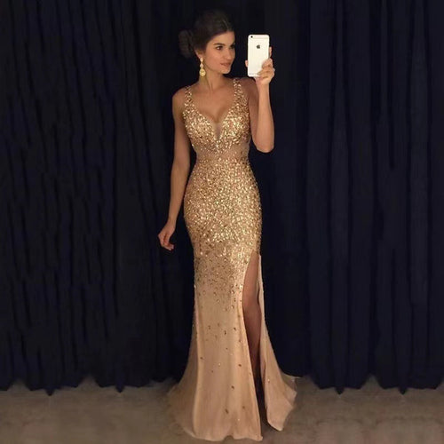 Echoarchiv | Damen Ärmelloses Ballkleid mit V-Ausschnitt und Beinschlitz