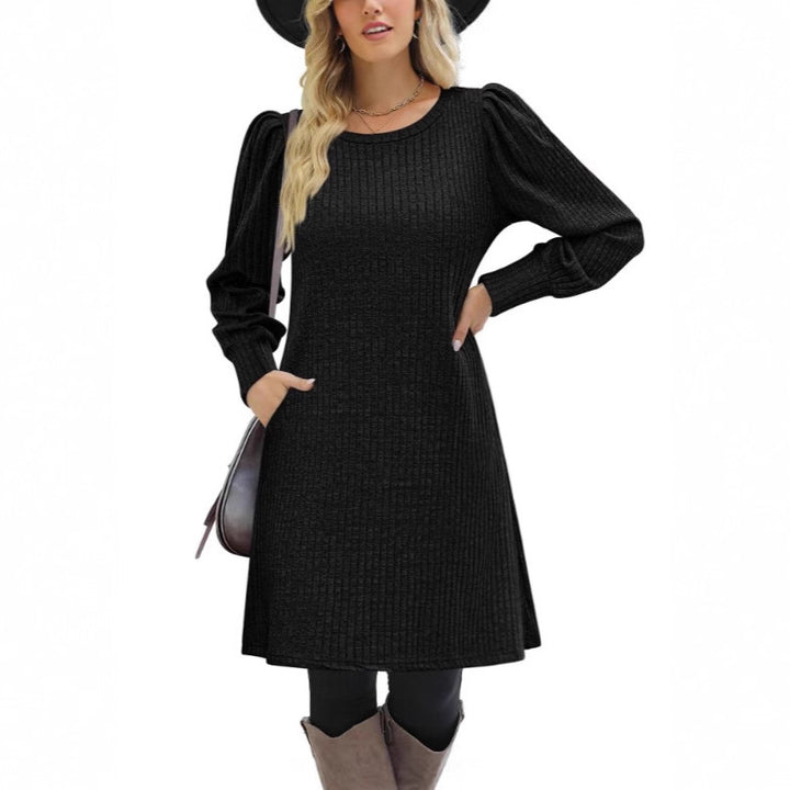 Damen gestricktes A-Linien Strickkleid mit Puffärmeln – Élara