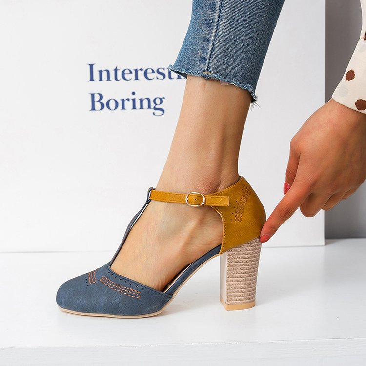 Damen T‑Strap Pumps mit mittelhohem Blockabsatz und dekorativer Ziernaht Echo Archiv