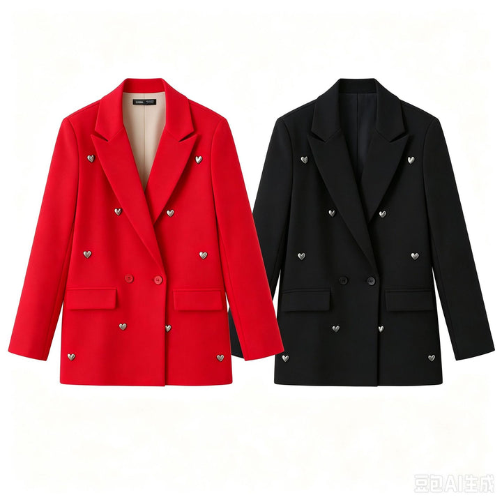 Damen Doppelreihiger Blazer mit herzförmigen Metallknöpfen, Pattentaschen und tailliertem Schnitt Echo Archiv