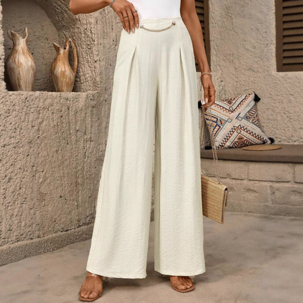 Damen High-Waist Palazzo-Hose mit weitem Bein, Bundfalten und Zierkettendetail – Avérine