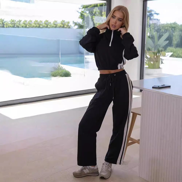 Damen legeres Sweat-Lounge-Set mit halbem Reißverschluss, Kordelzugbund und Kontraststreifen – Avérine