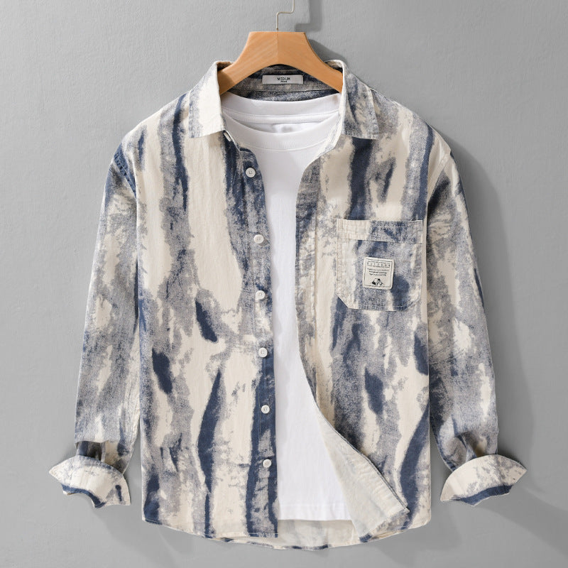 Herren Lockeres Hemdjacken-Overshirt aus Leinen-Baumwollmix mit abstraktem Brush‑Print und Kentkragen Echoarchiv