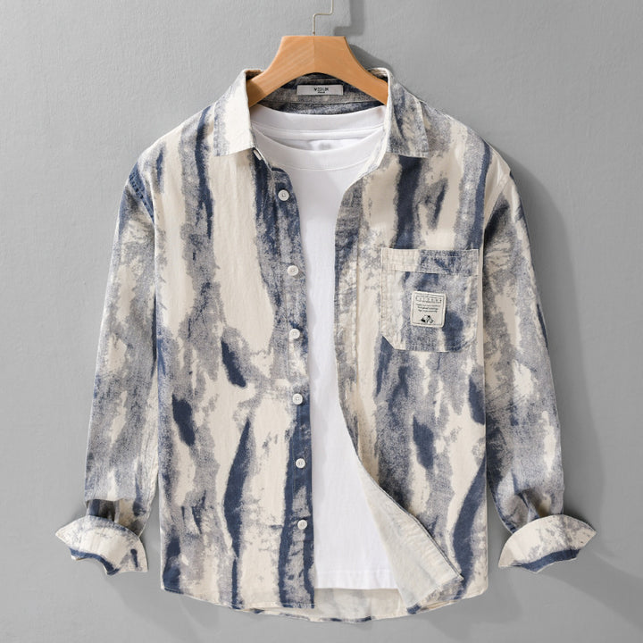 Herren Lockeres Hemdjacken-Overshirt aus Leinen-Baumwollmix mit abstraktem Brush‑Print und Kentkragen Echoarchiv