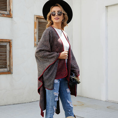Damen Reversible Strickruana im Mélange‑Wollmix mit kontrastierter Kettelkante – Veloura