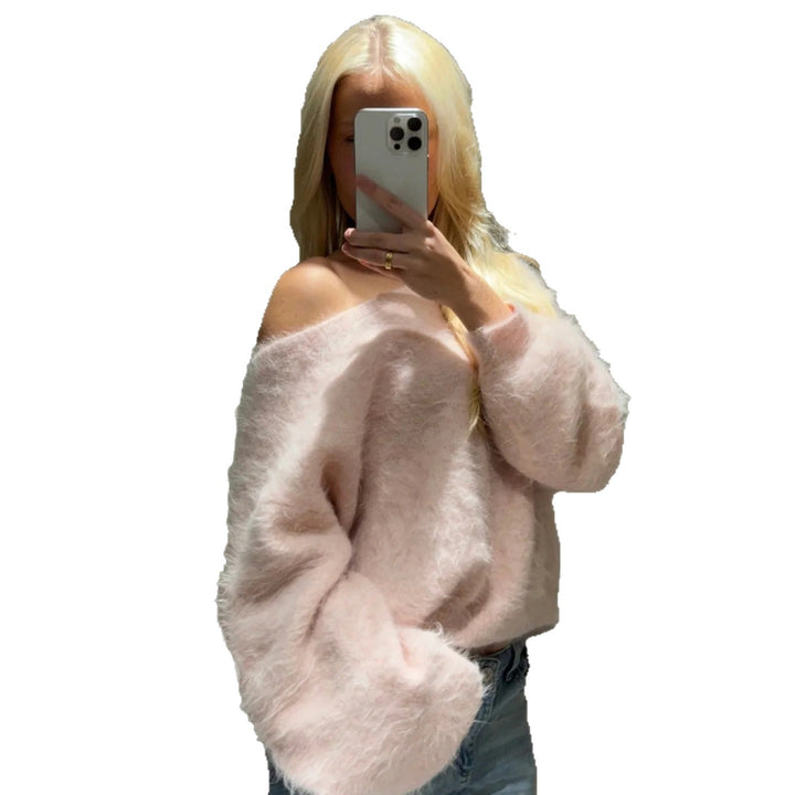 Damen nan oversized flauschiger Mohair-Blend Off-Shoulder Pullover mit Balloon-Ärmeln Echo Archiv