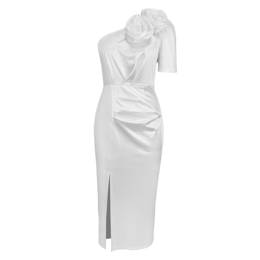 Damen Elegantes Wickelkleid mit schulterfreier Gestaltung und dekorativen Blüten Echo Archiv