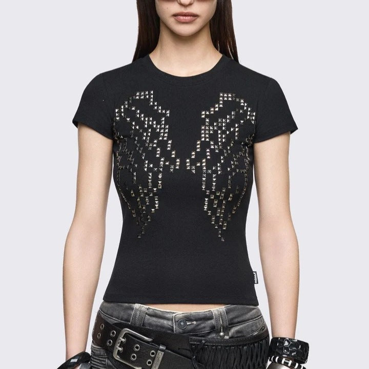 Damen Enganliegendes T-Shirt mit Metallic-Nieten Echo Archiv