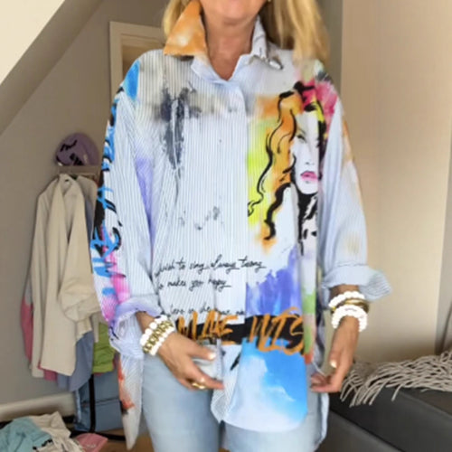 Damen nan kunstvoll bedruckte weit geschnittene Hemdbluse mit Popartmotiv und Nadelstreifen Echo Archiv