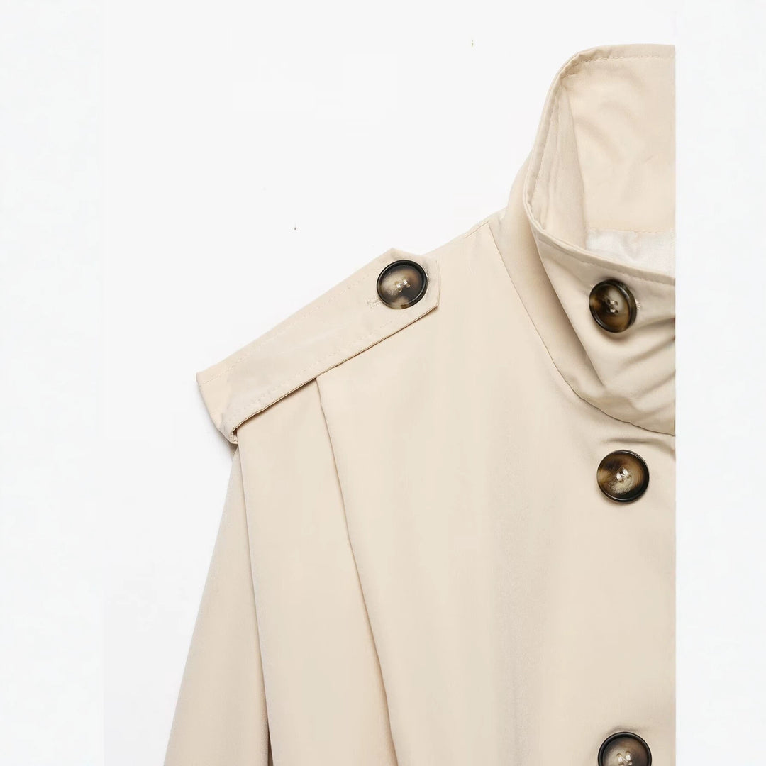 Damen Cropped Doppelreihige Trenchjacke mit Funnelkragen und Tunnelzugsaum Echoarchiv