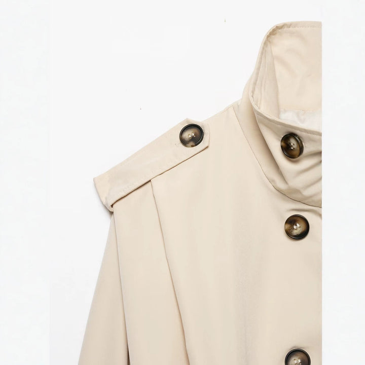 Damen Cropped Doppelreihige Trenchjacke mit Funnelkragen und Tunnelzugsaum Echoarchiv
