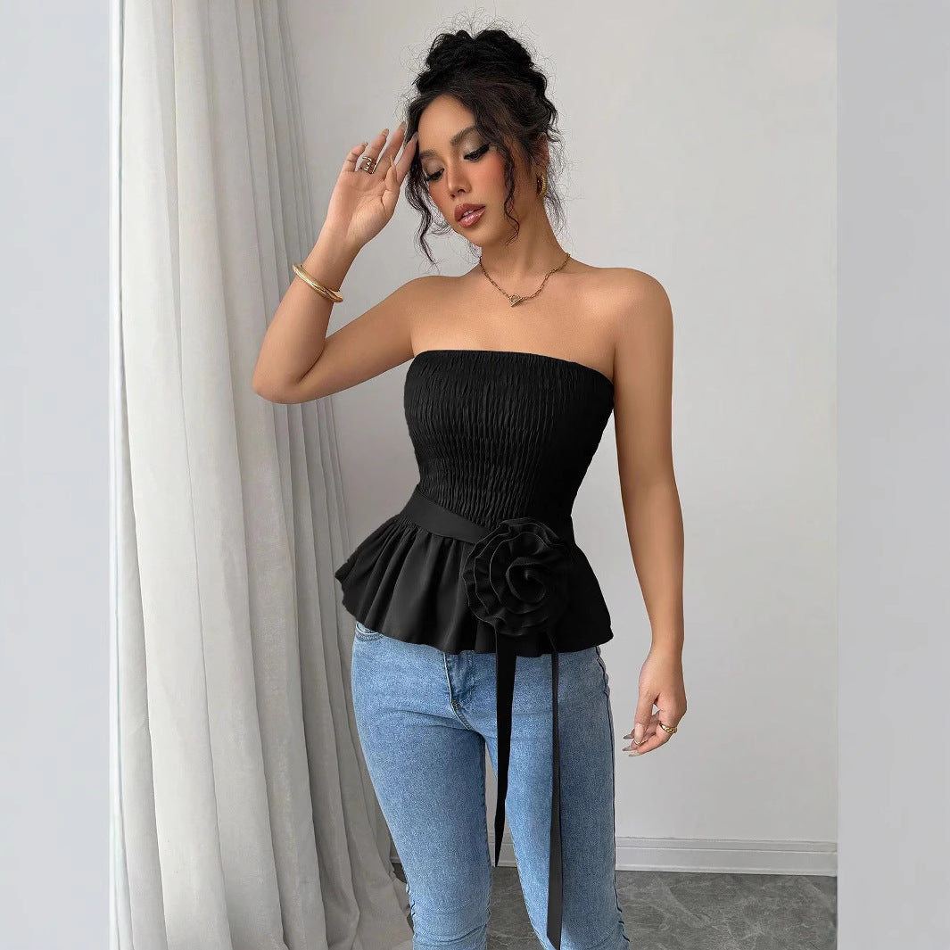 Damen nan figurbetontes trägerloses Smok-Oberteil mit Volant-Peplum und dekorativer Stoffblume Echo Archiv