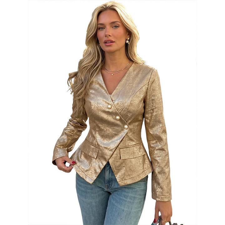 Damen Taillierter Metallic-Blazer mit Perlenknopfleiste und Schößchen – Valéne