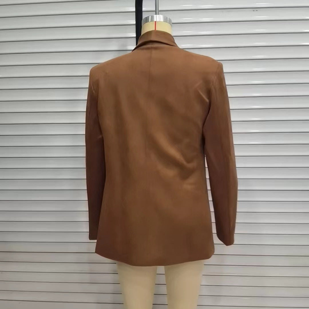 Damen lang geschnittener Blazer im Wildleder‑Imitat mit weichem Schalkragen und paspelierten Leistentaschen – Valéne