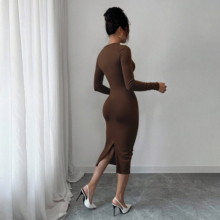 Damen geripptes Midikleid mit Twist-Detail, V-Ausschnitt und taillierter Stretch-Silhouette – Élara