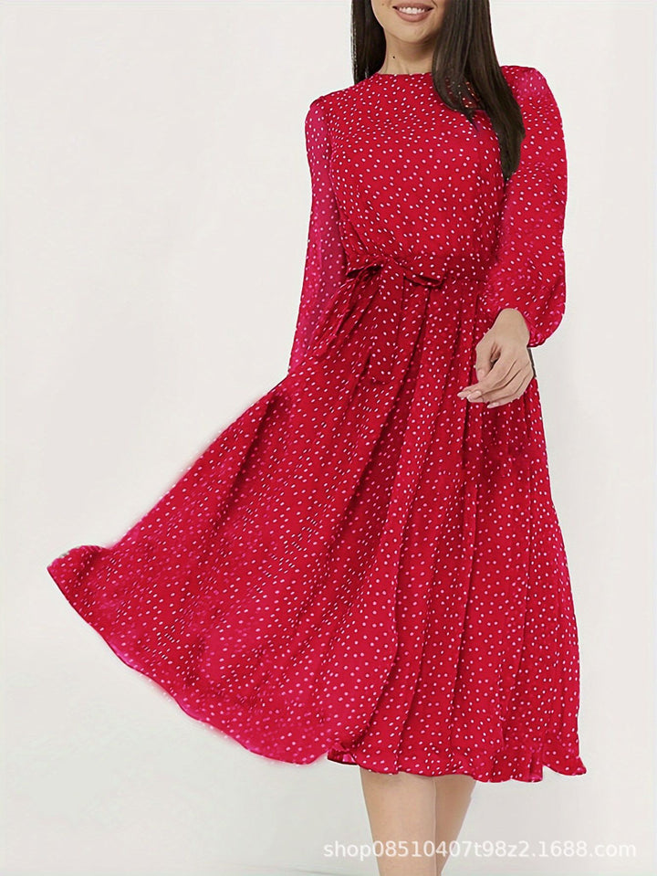 Damen Midikleid mit Punkten, taillierter Bindegürtel und Volantrock – Élara