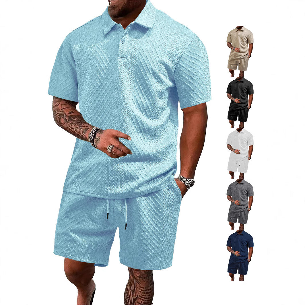 Herren nan geprägtes Waffel-Polo mit Kentkragen und elastischer Tunnelzugshorts im Set Echo Archiv