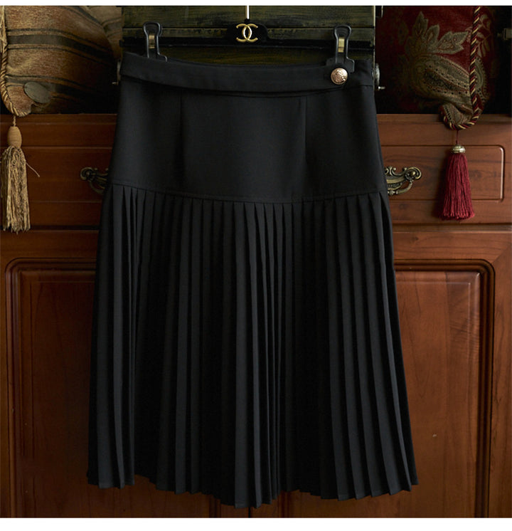 Damen Taillenhoher plissierter Midirock mit Zierknopf und soften Falten Echo Archiv