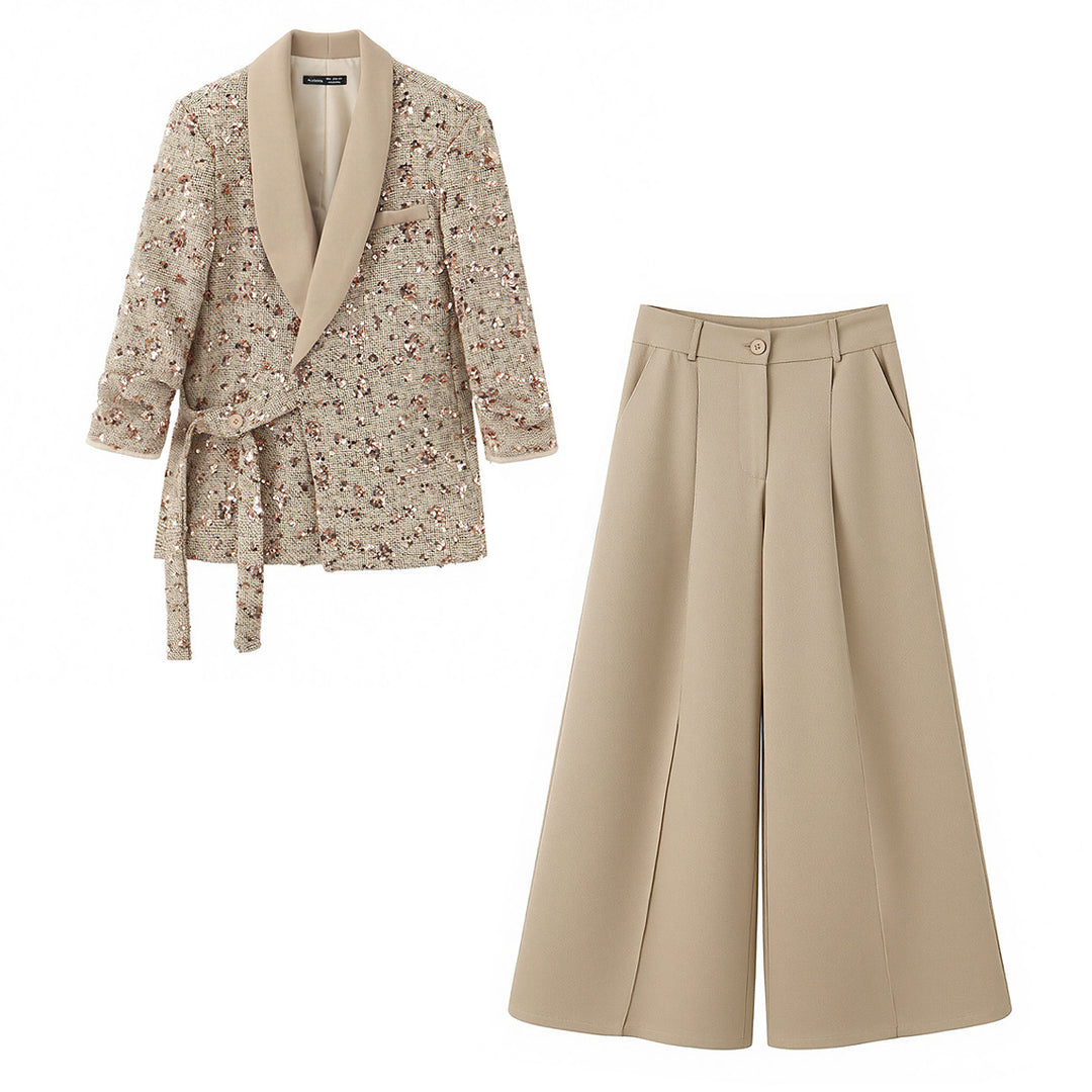 Damen Zweiteiliges Bouclé‑Wickelblazer und High‑Waist Palazzo‑Hosen Set Echo Archiv