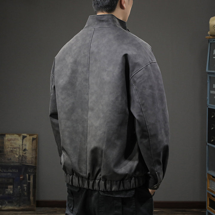 Herren Minimalistische Vintage-Kunstleder-Bomberjacke mit Stehkragen und verdeckter Druckknopfleiste Echoarchiv