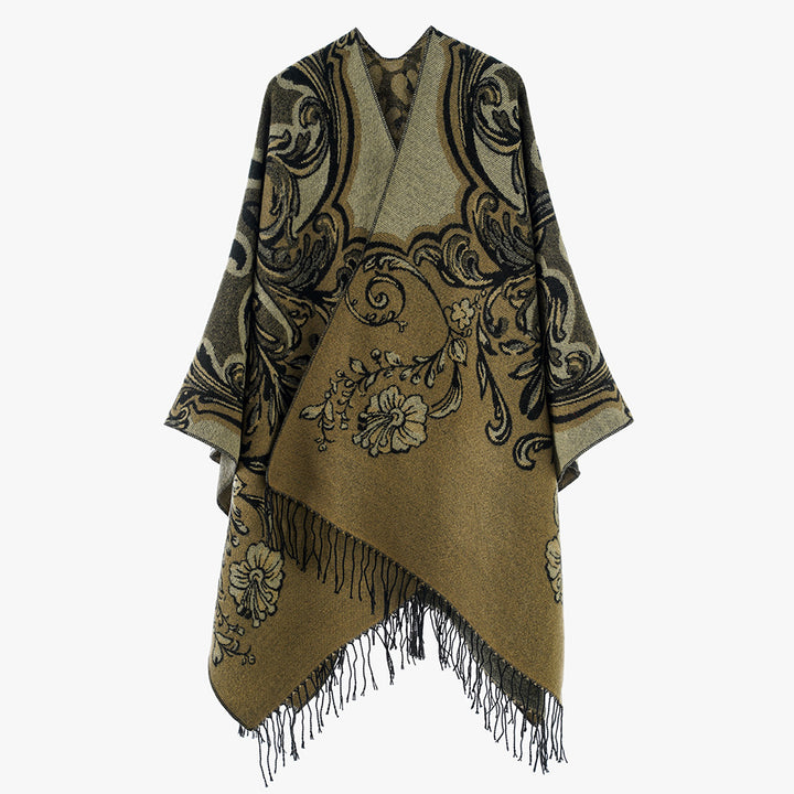 Damen Barock‑Jacquard Cape mit asymmetrischem Zipfelsaum und Fransen – Avérine