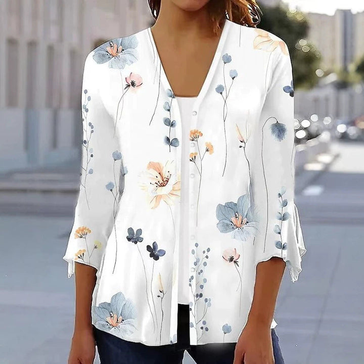 Damen nan leichte Chiffonbluse mit Aquarellblumenprint, V‑Ausschnitt, Knopfleiste und dreiviertelärmeln Echoarchiv