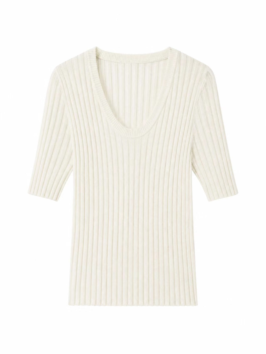 Damen Geripptes Feinstrickshirt mit tiefem U-Ausschnitt und halblangen Ärmeln Echo Archiv