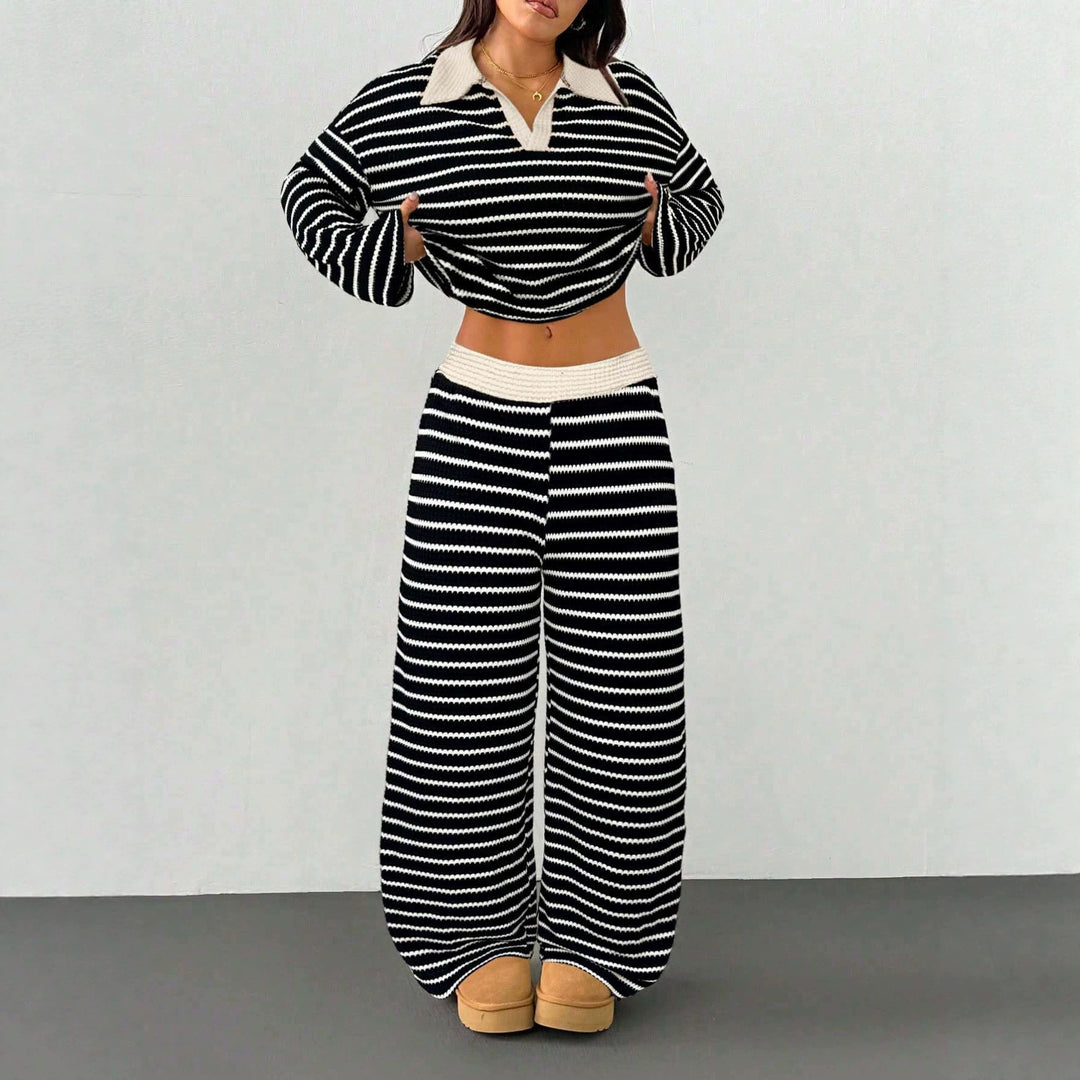 Damen Gestreiftes Strick-Set aus Polokrippenpullover und weiten Palazzo-Strickhose Echo Archiv