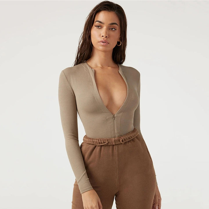 Damen Langarm-Bodysuit mit Reißverschluss Echoarchiv