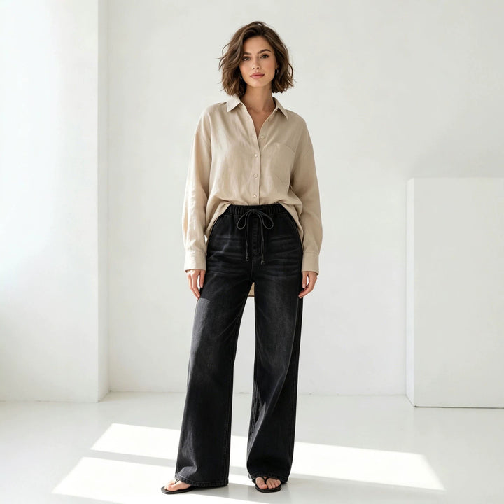 Damen nan Relaxed-Fit Denim-Hose mit elastischem Tunnelzugbund, dezentem Used-Effekt und weitem Bein Echo Archiv