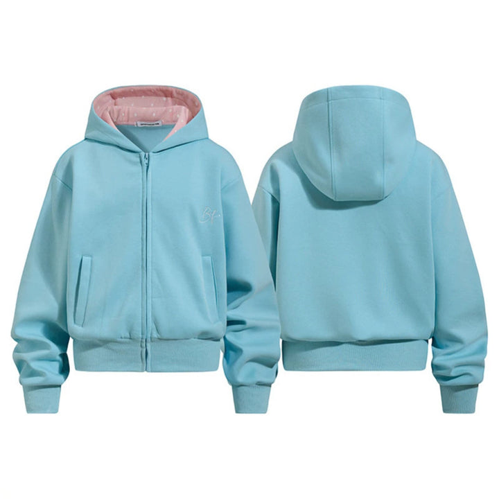 Damen Gekürzte Kapuzen-Sweatjacke mit Reißverschluss, gefütterter Kapuze und Rippbündchen Echoarchiv