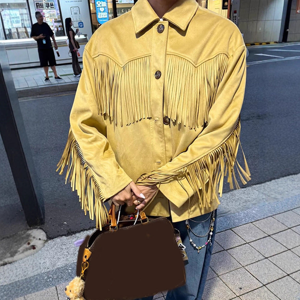 Damen Oversize Fransenjacke im Westernstil aus Veloursleder-Optik mit Hemdkragen Echoarchiv