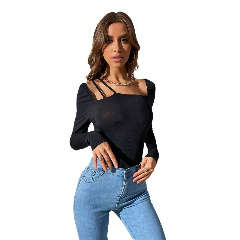 Damen Figurbetonter Langarm-Body mit asymmetrischem Trägerdetail und hohem Beinausschnitt – Bodéline